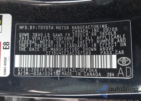 2010 Toyota Corolla Le из США, поврежденный, VIN 2T1BU4EE2AC267589